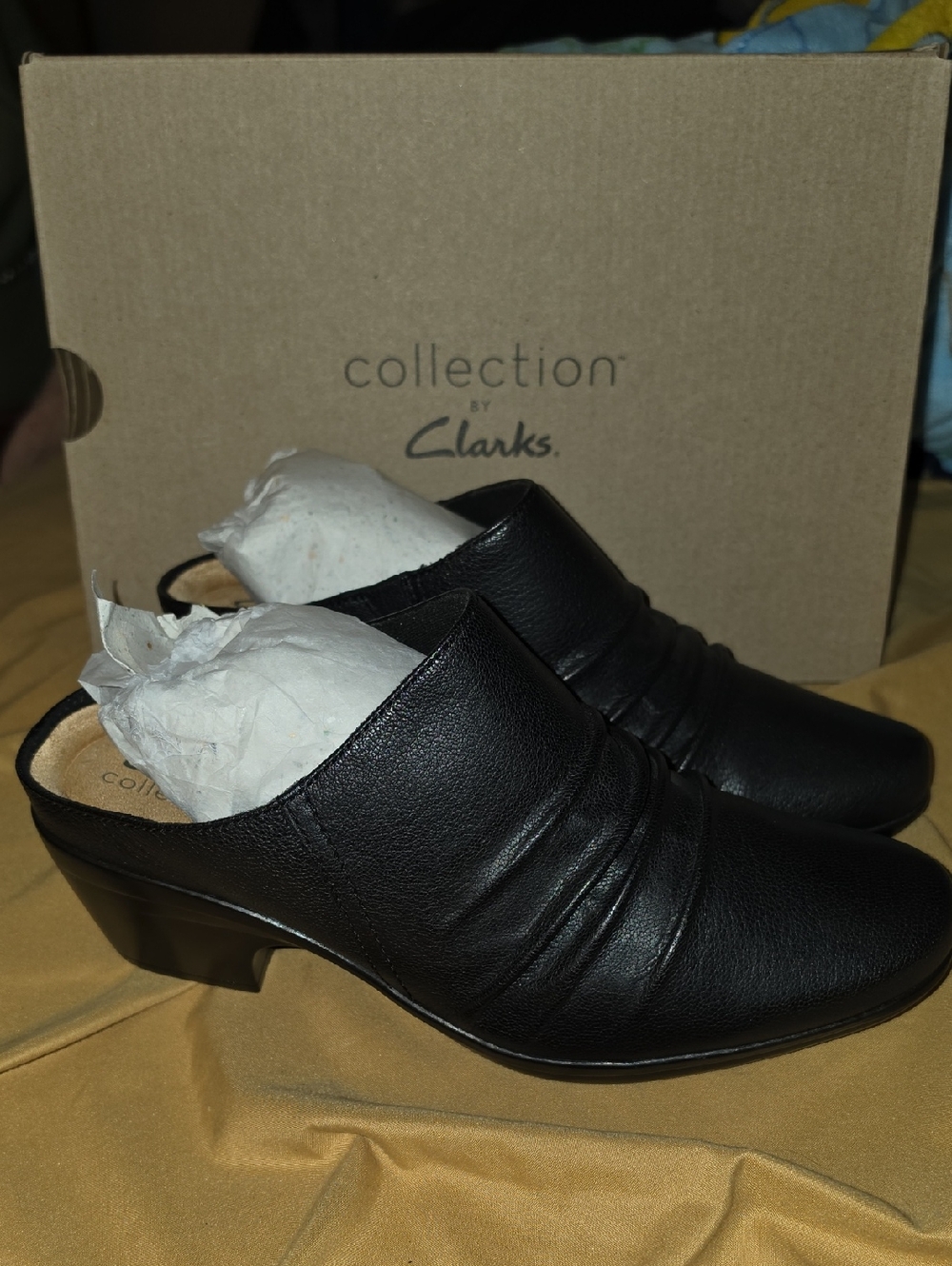 Clarks Black Leather Slip-On Mule Heels